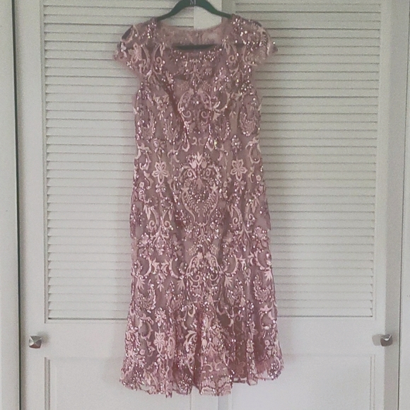 Alex Evenings Sequin Embroidered Cap Slv Flounce Hem Midi Dress Sz 6 NWOT - Picture 4 of 12